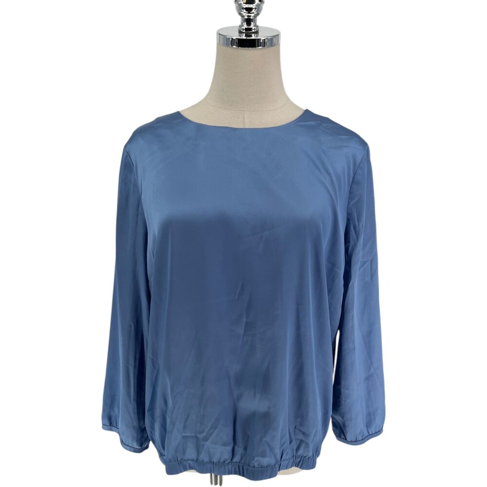OPUS Top Women's 38 Size 8 Fanoka SP Blue Satin Solid Long Sleeve Blouse Luxe